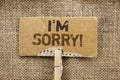 Writing note showing I m Sorry. Business photo showcasing Apologize Conscience Feel Regretful Apologetic Repentant Sorrowful writ