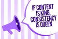 Writing note showing If Content Is King, Consistency Is Queen. Business photo showcasing Marketing strategies Persuasion Megaphone