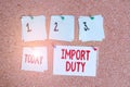 Writing note showing Import Duty. Business photo showcasing tax imposed by a government on goods from other countries Corkboard Royalty Free Stock Photo