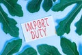 Writing note showing Import Duty. Business photo showcasing tax imposed by a government on goods from other countries Royalty Free Stock Photo