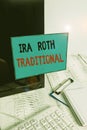 Writing note showing Ira Roth Traditional. Business photo showcasing are tax deductible on both state and federal Note paper taped