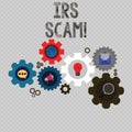 Writing note showing Irs Scam. Business photo showcasing involve scammers targeting taxpayers pretending be Internal
