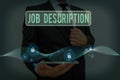Writing note showing Job Description. Business photo showcasing a formal account of an employee responsibilities Royalty Free Stock Photo