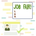 Writing note showing Job Fair. Business photo showcasing event in which employers recruiters give information to Royalty Free Stock Photo