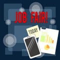 Writing note showing Job Fair. Business photo showcasing event in which employers recruiters give information to employees Layout Royalty Free Stock Photo