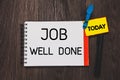 Writing note showing Job Well Done. Business photo showcasing Well Performed You did it Cheers Approval Par Accomplished Royalty Free Stock Photo