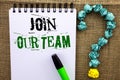 Writing note showing Join Our Team. Business photo showcasing Be a Part of our Teamwork Workforce Wanted Recruitment written on N Royalty Free Stock Photo
