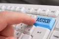 Writing note showing Justice. Business photo showcasing impartial adjustment of conflicting claims or assignments White Royalty Free Stock Photo