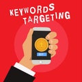 Writing note showing Keywords Targeting. Business photo showcasing Use Relevant Words to get High Ranking in Search Engines