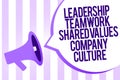 Writing note showing Leadership Teamwork Shared Values Company Culture. Business photo showcasing Group Team Success Megaphone lou