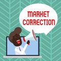 Writing note showing Market Correction. Business photo showcasing When prices fall 10 percent from the 52 week high Man