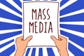 Writing note showing Mass Media. Business photo showcasing Group people making news to the public of what is happening Man holding