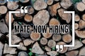 Writing note showing Mate Now Hiring. Business photo showcasing Workforce Wanted Employees Recruitment Wooden background