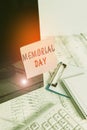 Writing note showing Memorial Day. Business photo showcasing remembering the military demonstratingnel who died in