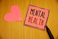 Writing note showing Mental Health. Business photos showcasing Psychological and Emotional Condition Wellbeing of a person Royalty Free Stock Photo