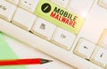Writing note showing Mobile Malware. Business photo showcasing malicious software written to attack mobile devices Royalty Free Stock Photo
