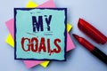 Writing note showing My Goals. Business photo showcasing Goal Aim Strategy Determination Career Plan Objective Target Vision writ Royalty Free Stock Photo