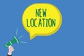 Writing note showing New Location. Business photo showcasing Get located on a new place and establishing home or Royalty Free Stock Photo