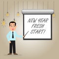 Writing note showing New Year Fresh Start. Business photo showcasing Time to follow resolutions reach out dream job Man