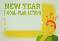 Writing note showing New Year Goal Plan, Action. Business photo showcasing Business solution and planning with