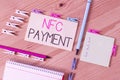 Writing note showing Nfc Payment. Business photo showcasing contactless payment that use nearfield communication Royalty Free Stock Photo