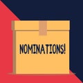 Writing note showing Nominations. Business photo showcasing action of nominating or state being nominated for prize
