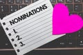 Writing note showing Nominations. Business photo showcasing Suggestions of someone or something for a job position or prize Small