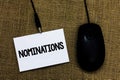 Writing note showing Nominations. Business photo showcasing Suggestions of someone or something for a job position or prize Sticky