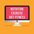 Writing note showing Nutrition Exercise Diet Fitness. Business photo showcasing Healthy Lifestyle Weight loss