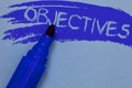 Writing note showing Objectives. Business photo showcasing Goals planned to be achieved Desired targets Company missions Bold blue