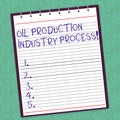 Writing note showing Oil Production Industry Process. Business photo showcasing Petroleum company industrial processing Royalty Free Stock Photo