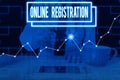 Writing note showing Online Registration. Business photo showcasing System for subscribing or registering via the Internet Woman Royalty Free Stock Photo