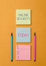 Writing note showing Online Security. Business photo showcasing rules to protect against attacks over the Internet Front Royalty Free Stock Photo