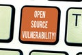 Writing note showing Open Source Vulnerability. Business photo showcasing Publicized Exploits are open to malicious users Keyboard