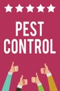 Writing note showing Pest Control. Business photo showcasing Killing destructive insects that attacks crops and livestock Men wome