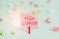 Writing note showing Pizza Express. Business photo showcasing fast delivery of pizza at your doorstep Quick serving Colored