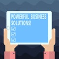 Writing note showing Powerful Business Solutions. Business photo showcasing ideas used to help a company achieve its goals Hu Royalty Free Stock Photo