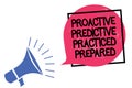 Writing note showing Proactive Predictive Practiced Prepared. Business photo showcasing Preparation Strategies Management Megaphon