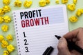 Writing note showing Profit Growth. Business photo showcasing Financial Success Increased Revenues Evolution Development written Royalty Free Stock Photo