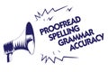 Writing note showing Proofread Spelling Grammar Accuracy. Business photo showcasing Grammatically correct Avoid mistakes Blue mega Royalty Free Stock Photo