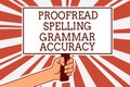 Writing note showing Proofread Spelling Grammar Accuracy. Business photo showcasing Grammatically correct Avoid mistakes Man hand Royalty Free Stock Photo