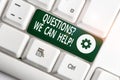 Writing note showing Questionsquestion We Can Help. Business photo showcasing offering help to those who wants to know White pc Royalty Free Stock Photo