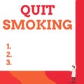 Writing note showing Quit Smoking. Business photo showcasing process of discontinuing tobacco smoking or cessation One man