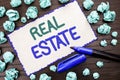 Writing note showing Real Estate. Business photo showcasing Residential Property Building Covered Land Chattels Real written on C Royalty Free Stock Photo