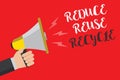 Writing note showing Reduce Reuse Recycle. Business photo showcasing ways can eliminate waste protect your environment Hand small