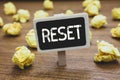 Writing note showing Reset. Business photo showcasing cause device return to its factory mode Set again zero start point