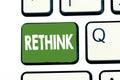 Writing note showing Rethink. Business photo showcasing Think again twice from another perspective Reconsider revise