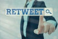 Writing note showing Retweet. Business photo showcasing in twitter repost or forward a message posted by another user