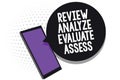 Writing note showing Review Analyze Evaluate Assess. Business photo showcasing Evaluation of performance feedback process Cell pho