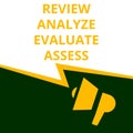 Writing note showing Review Analyze Evaluate Assess